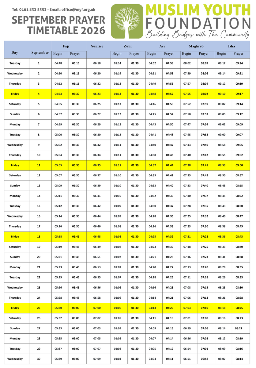 MYF September 2026 Prayer Timetable